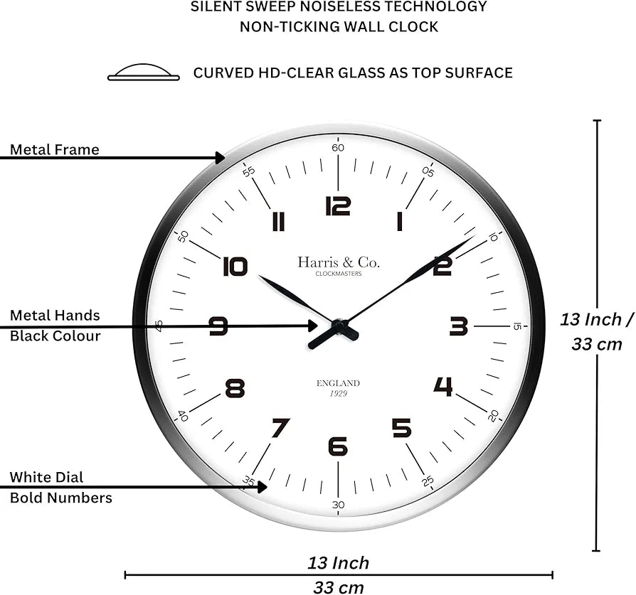 Harris & Co. Clockmasters Premium Wall Clock Luxury Number Dial - 13 Inch Analog White