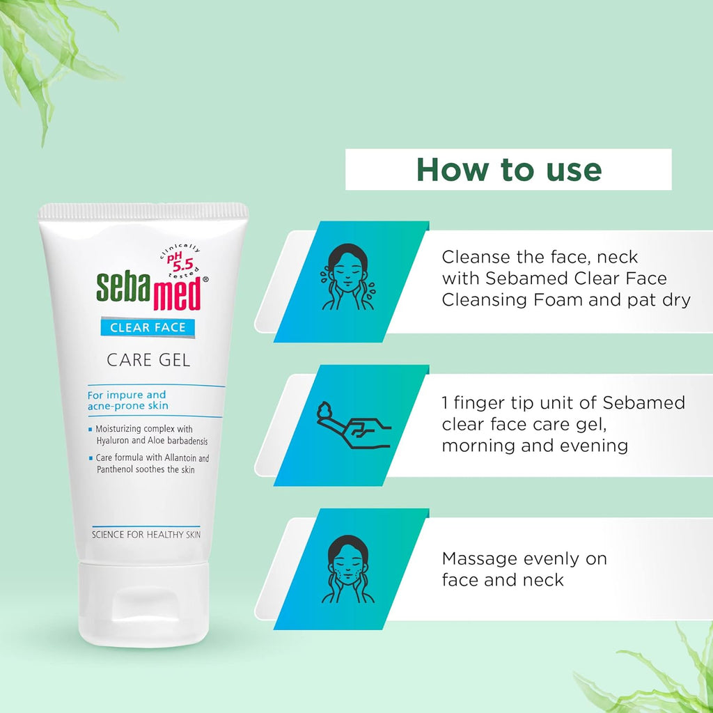 Sebamed Clear Face Care Gel 50 ml|pH 5.5 |Acne/ pimple prone skin|Hyaluronic acid & Aloe Vera|Water based Moisturiser | non sticky l Toxin free