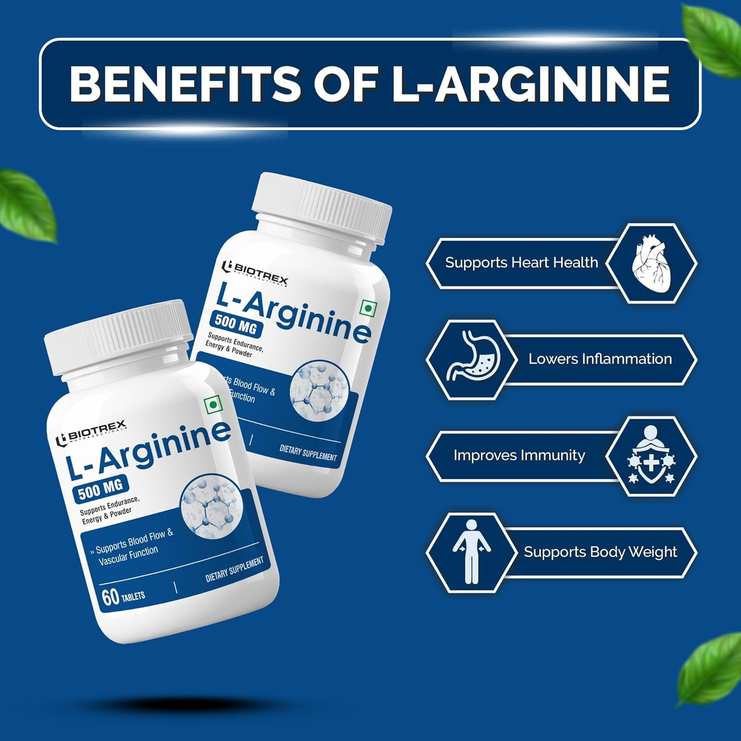 Biotrex Nutraceuticals L-Arginine 500mg Supplement | Nitric Oxide Booster & Muscle Growth | Blood Flow & Heart Health | Pre Workout | Non-GMO | 60 Tablets