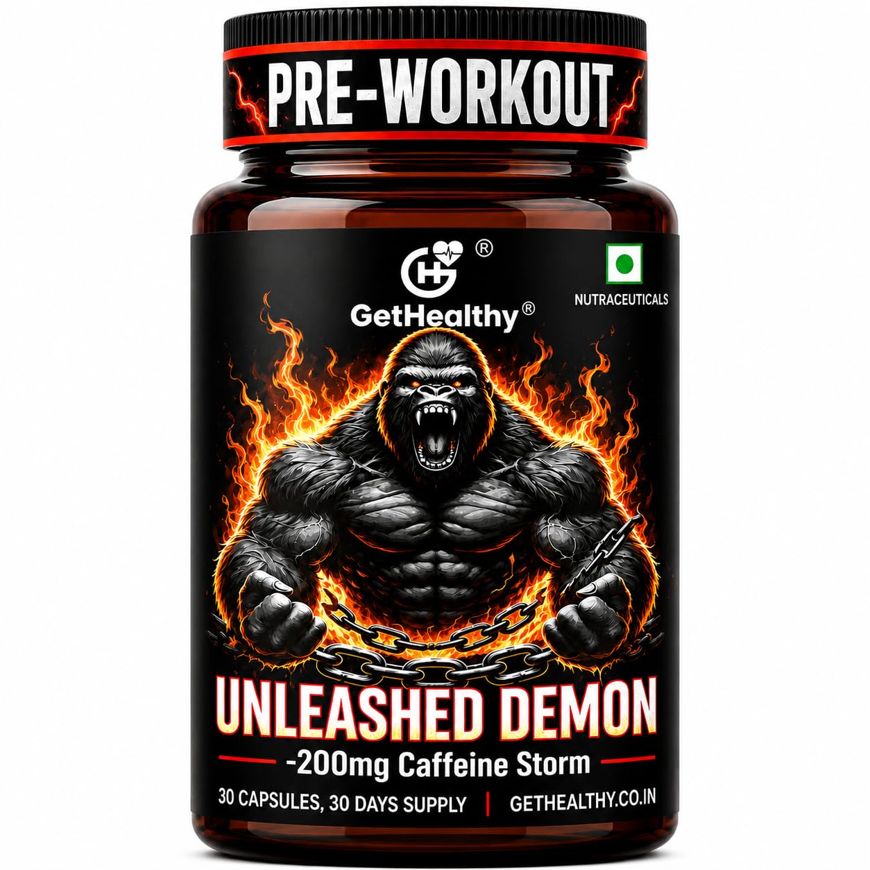 GetHealthyÂ® Unleashed Demonâ„¢ Pre-Workout Capsules | 200mg Caffeine Energy Pills | Pre Workout Supplement for Energy & Focus | Gym Workout Support for Men & Women | 30 Capsules