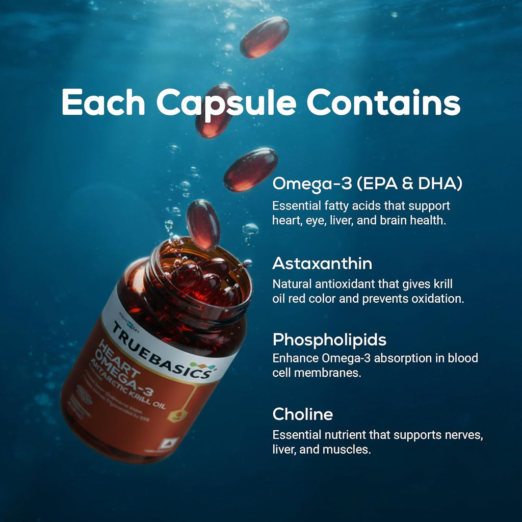 TrueBasics Heart Omega 3 Antarctic Krill Oil (30 Capsules)|With Clinically Researched 100% Pure Krill Oil|For Healthy Heart,Reduces Cholesterol & Triglycerides,1 Count