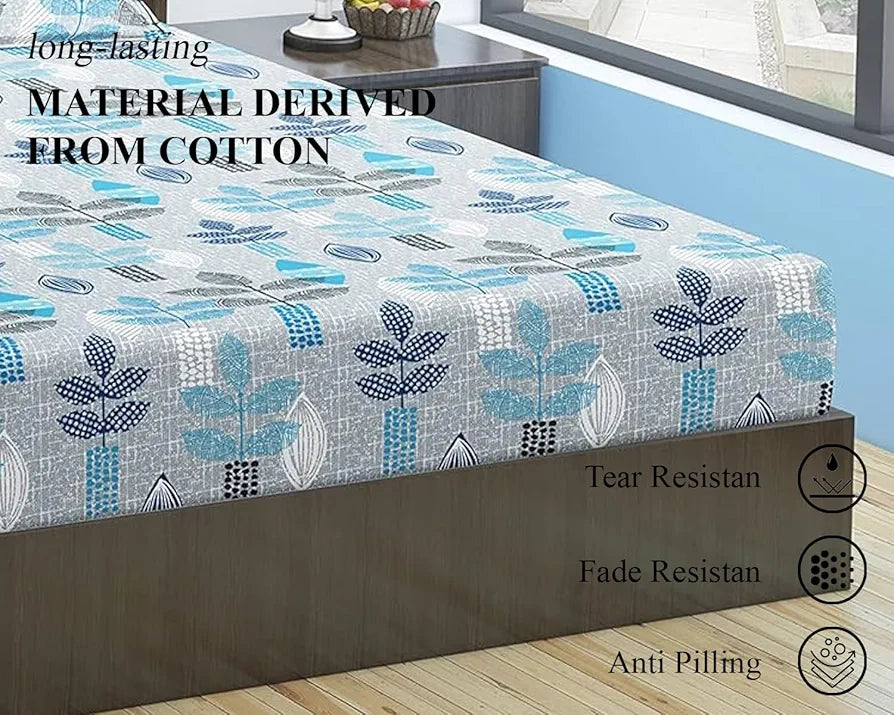 Trance Home Linen Pure 100% Cotton 144TC Printed King Fitted Bedsheet with 2 Pillow Covers Textured Leaves Colour Maroon