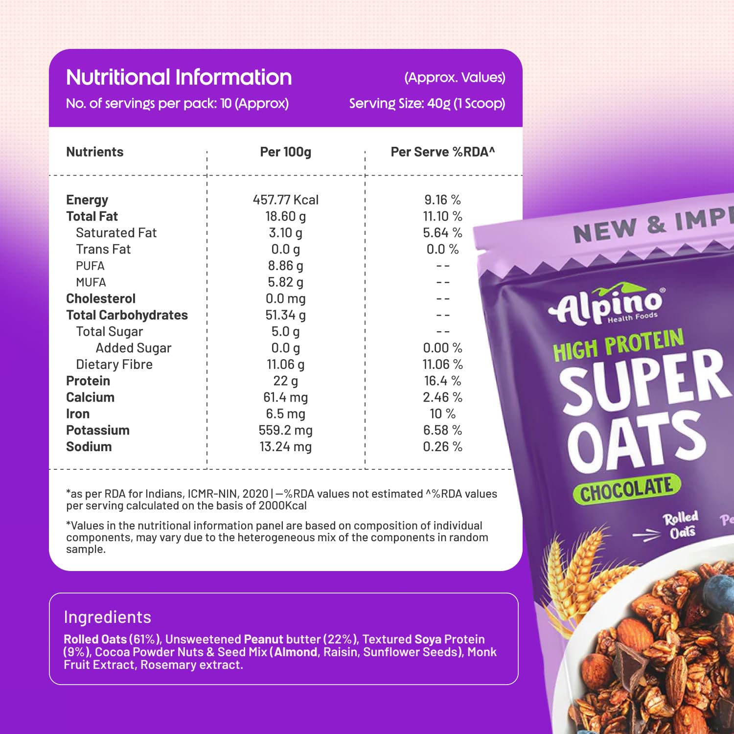 ALPINO 22% High Protein Super Oats Chocolate 400g – Rolled Oats, Natural Peanut Butter, Cocoa Powder, Nuts & Seeds – 22g Protein, Source of Dietary Fibre & Healthy Fats, No Added Sugar & Salt