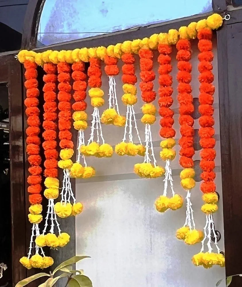 Artificial Marigold Bandanwar 40 Inch Yellow Orange Fluffy Toran Marigold Tuberose Strings Bandanwar