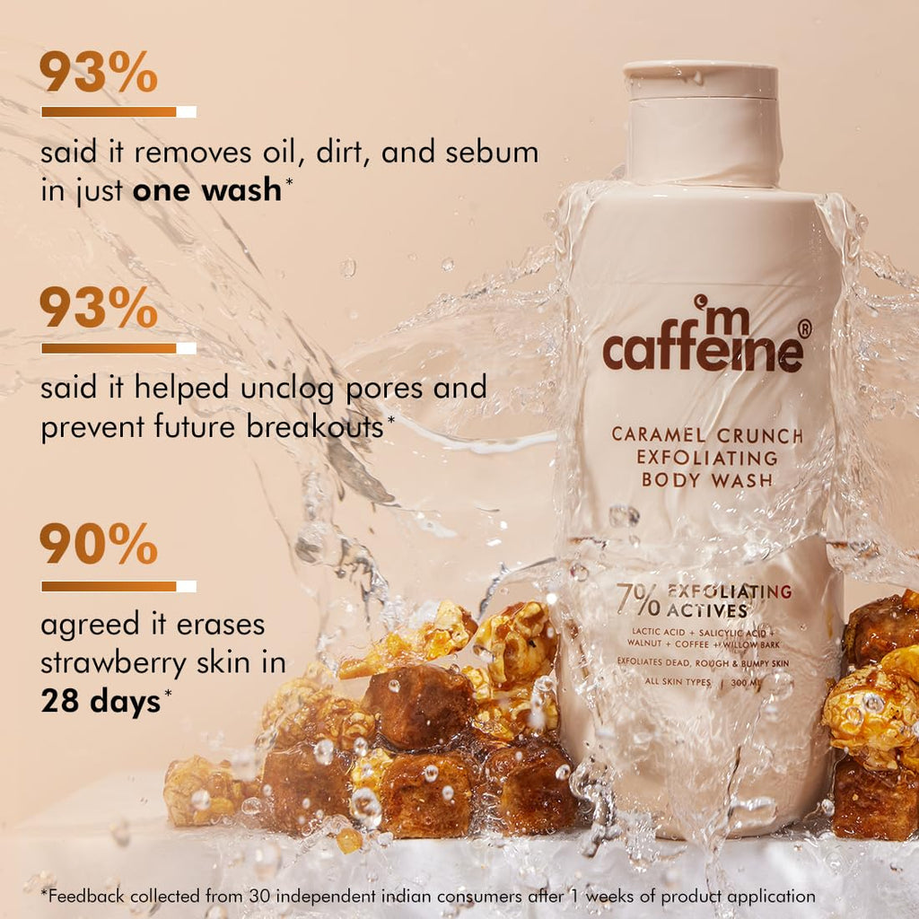 mCaffeine 7% Exfoliating Body Wash 300ml | 1% Salicylic & 2% Lactic Acid | Summer Bodywash for Dry Skin| Reduces Body Acne & Ingrown Hair | Smooth, Hydrated Skin | Sweet Caramel Shower Gel for Women & Men