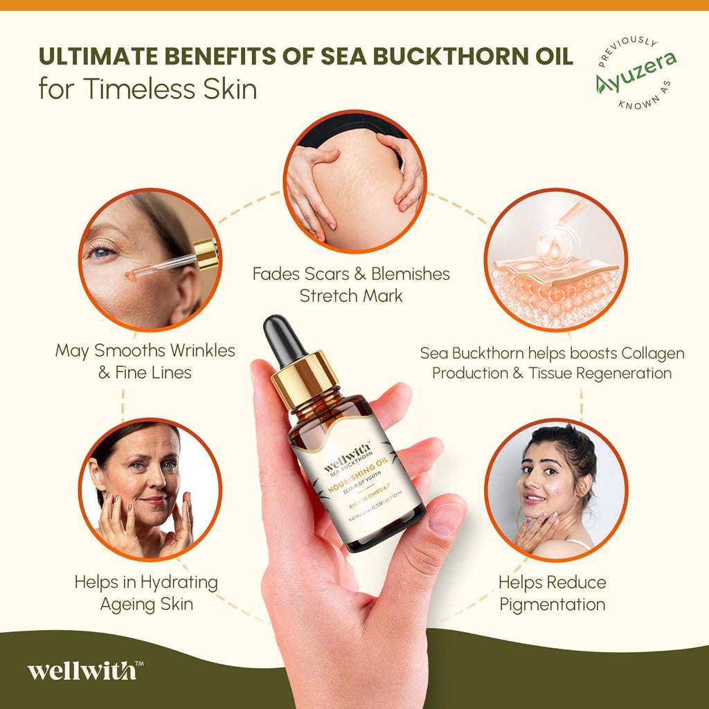 Wellwith (Ayuzera) Sea Buckthorn Berry Oil 10ml | Face & Hair Serum | Nourishing Oil | Omega 3,6,7 & 9 | Collagen Boosting | Dull Skin & Fine Lines & Dark Spots | For Smooth, Glowing Skin (Pack of 1)
