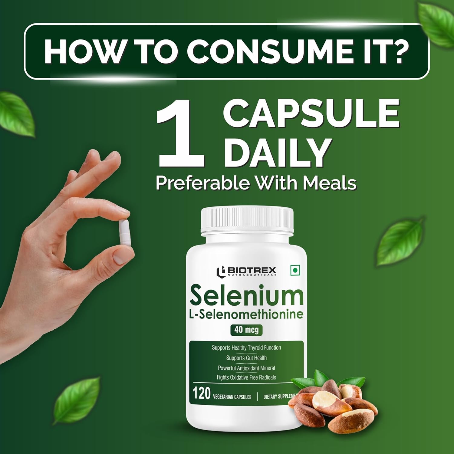 Biotrex Nutraceuticals Selenium 40mcg (L-Selenomethionine) Essential Trace Mineral with Superior Absorption | Antioxidant | Supports Immunity & Healthy Thyroid Function - 120 Veg Capsules
