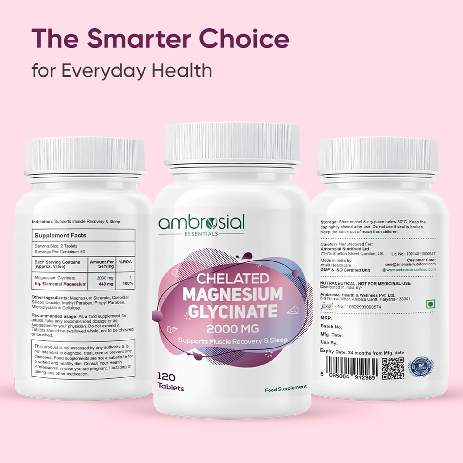 Ambrosial Chelated Magnesium Glycinate 2000mg | Provides 440mg Elemental Magnesium per Serving | 120 Vegan Tablets