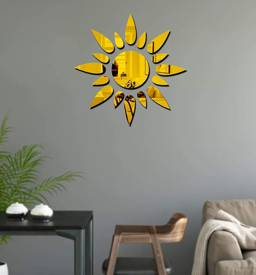 Bikri Kendra Sun Golden Model-10 Mirror Stickers for Wall, Acrylic Mirror Wall Decor Sticker