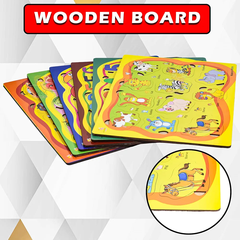 Wishkey Wooden Educational Colorful Fruits,Animal,Number,Geomatric Shape,Vehicle,Alphabet Set of 6 Board Puzzle