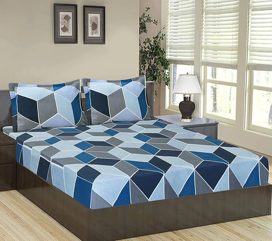 The Home Style Cotton Feel Glace Cotton All Around Elastic Fitted Printed King Size Double Bed Bedsheet With 2 Pillow Cover,300 TC Blue Berry