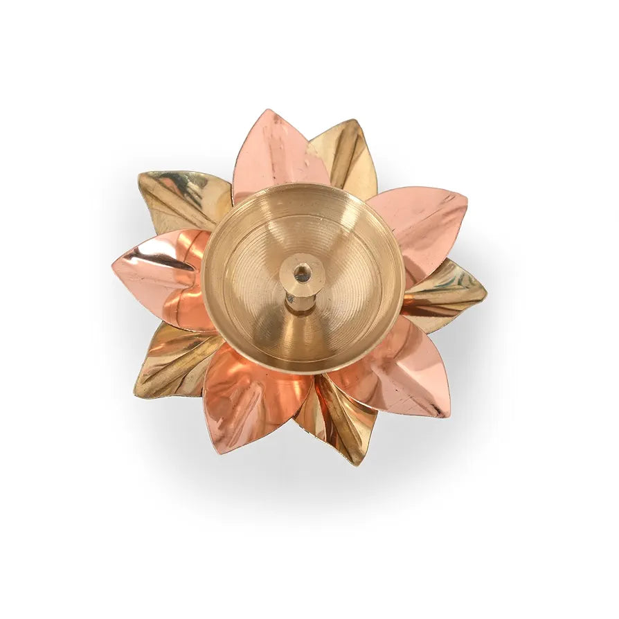Collectible India Brass Diya Lamp Lotus Shape Decorative Akhand Deepak for Pooja - Set of 2