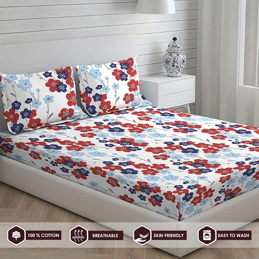 Layers California Cotton Bedsheet Set for All Seasons Lightweight 225 CVC King Size Maroon Blue Floral Pattern