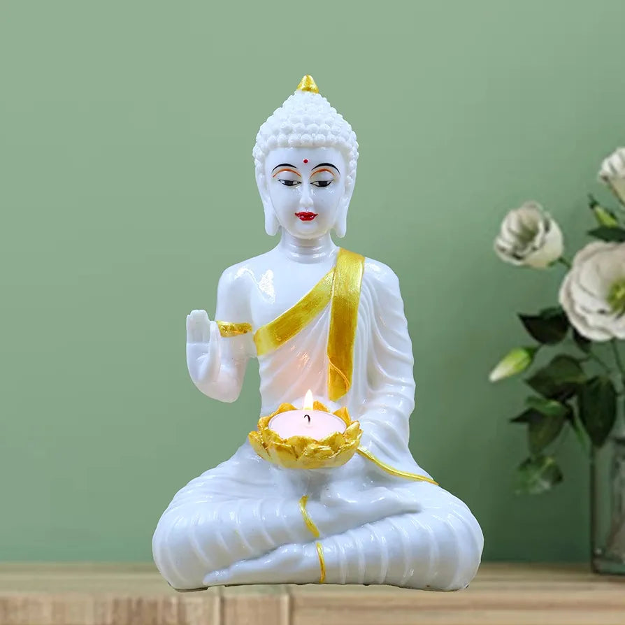 Jaipur Ace White Gold Buddha Sitting With Tealight in Hand Polyresin Idol