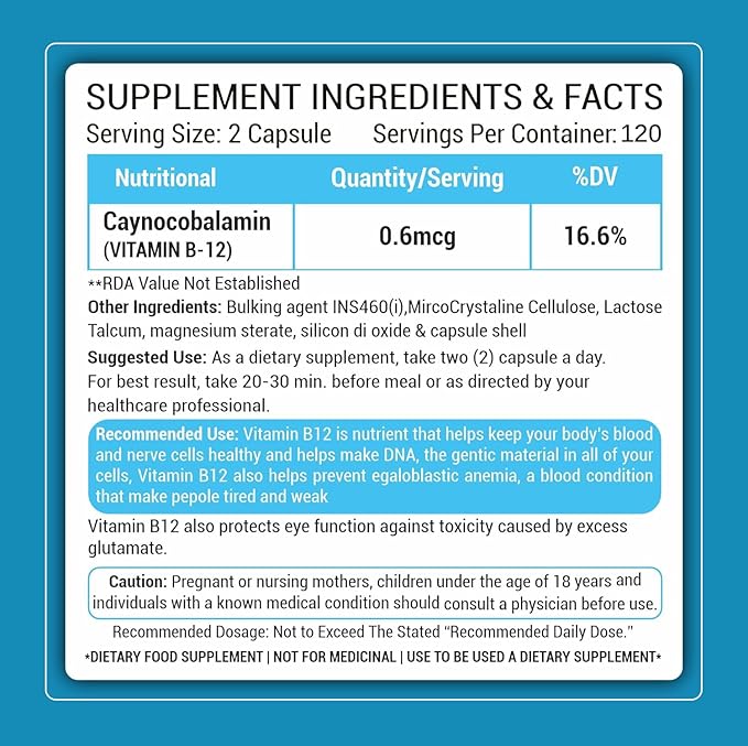 Prasatti Herbal Organic Plant Based Vitamin B12 - 120 Veg Capsules
