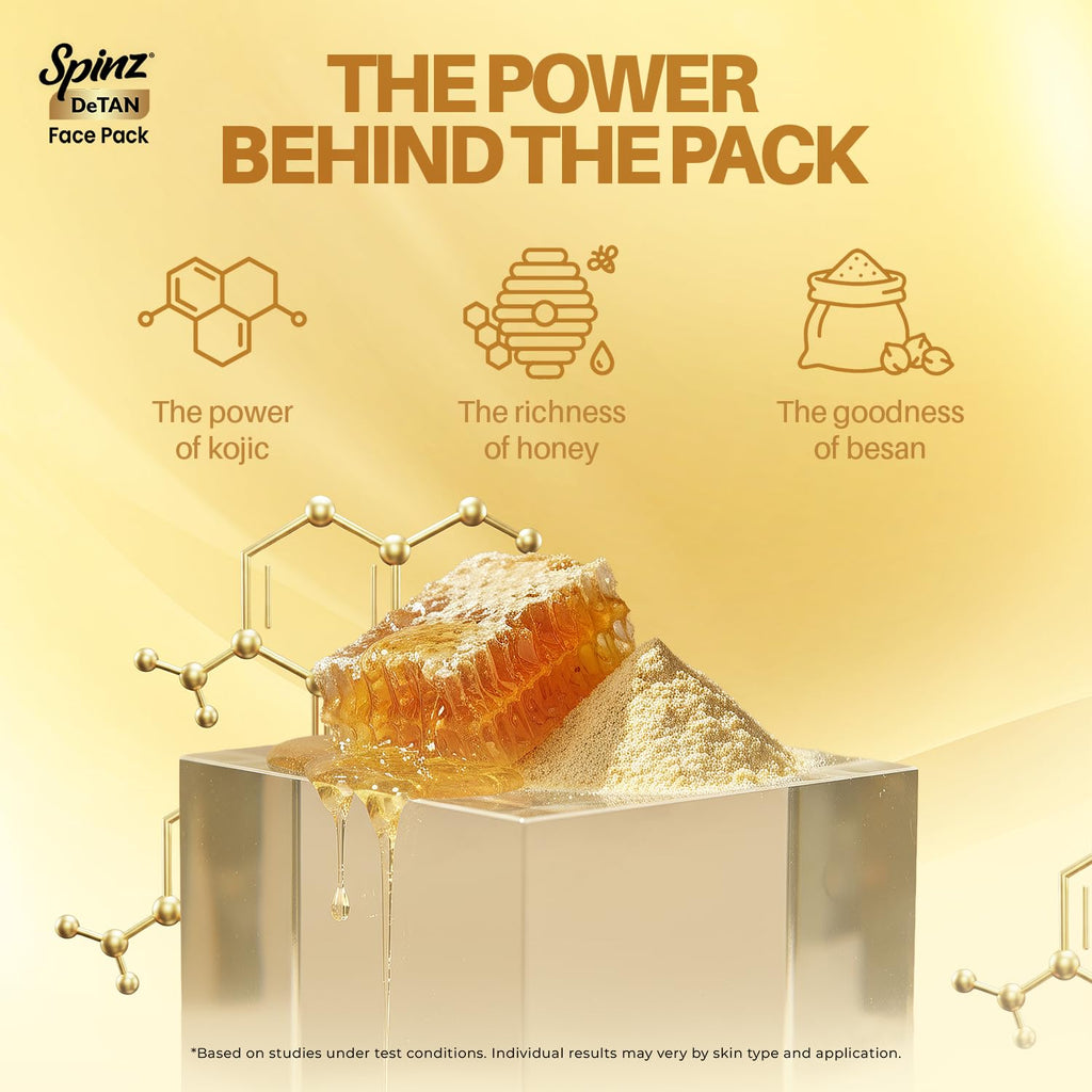 Spinz DeTan Face Pack with Besan, Honey & Kojic Acid | Tan Removal cream for Brightening & Glow | Salon-like Glow in 15 mins | 144g, Pack of 2 (72g x 2)