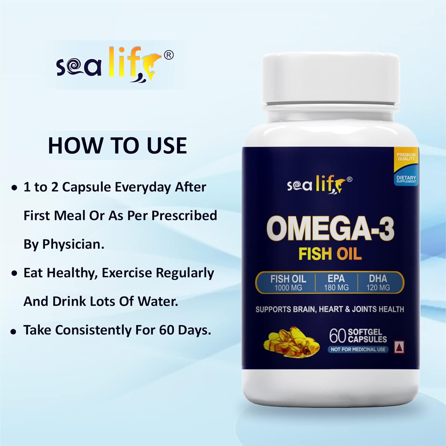 Sea Life Omega 3 Fish Oil 1000 Mg Fatty Acid Capsules | 180 Mg EPA & 120 Mg DHA | Pack of 1 (60 Softgels Capsules)| Supports Healthy Heart, Joints, Skin, Brain & Eyes | For Men & Women