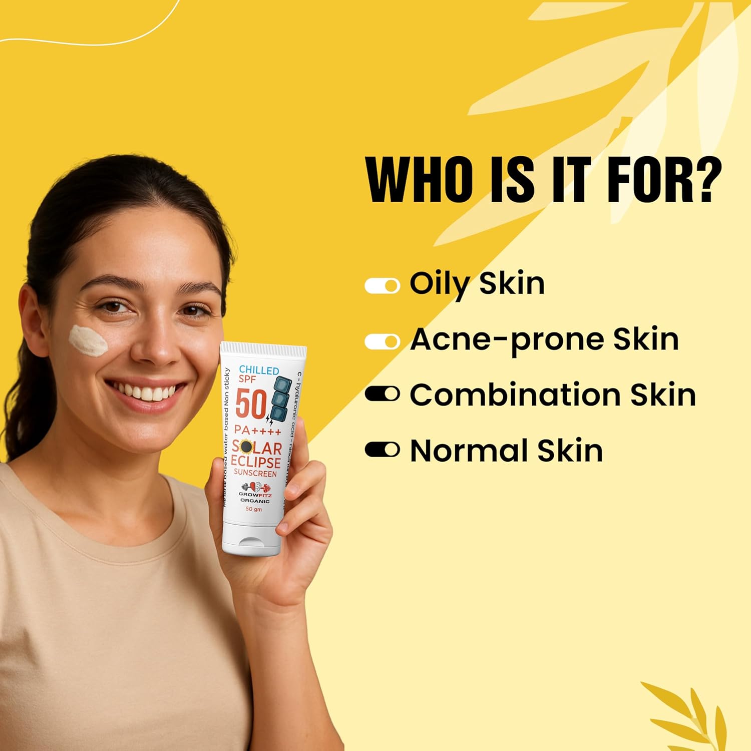 Growfitz Unisex Multivitamin SPF 50 PA+++ Sunscreen | For Dry, Sensitive, Oily & Combination Skin | Lightweight, No White Cast | Mineral & Water Based | Natural Mint | No Harmful Chemicals (50g)