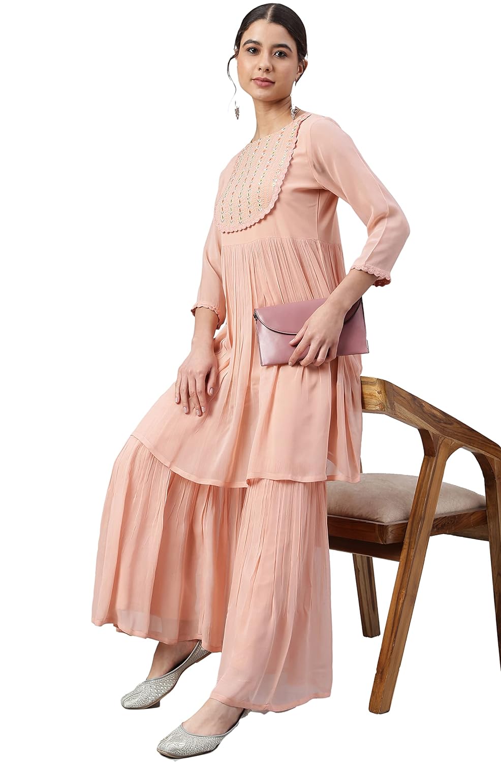 Janasya Women's Peach Georgette Thread Work Kurta with Sharara