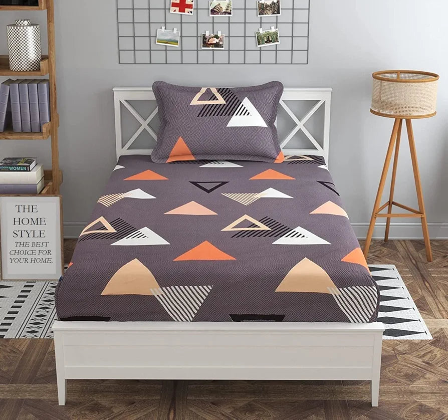 The Home Style Cotton Feel Glace Cotton Elastic Single Bed Bedsheet With 1 Pillow Cover 300 TC Graphite Triangle