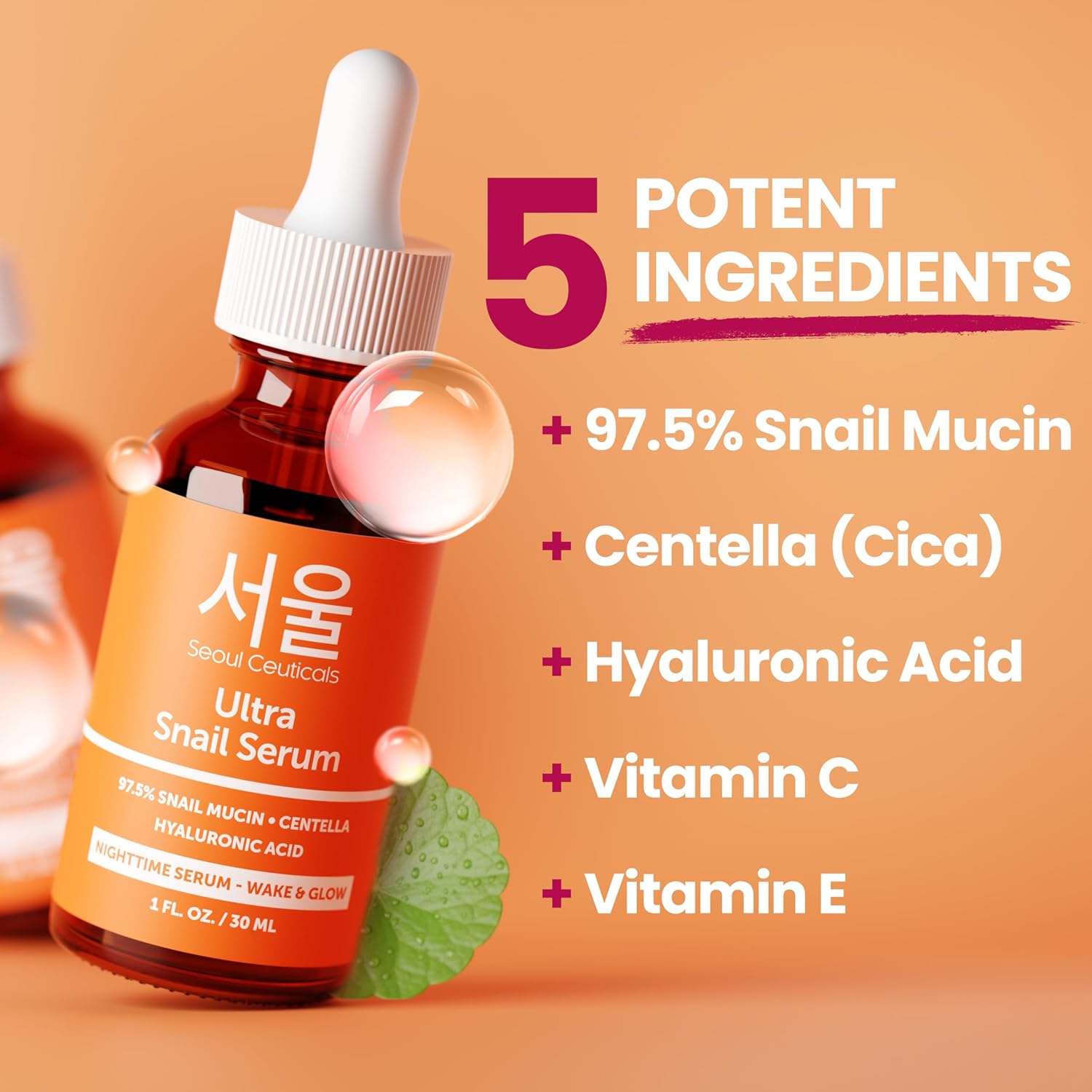 SeoulCeuticals Korean Snail Mucin Serum â€“ 97.5% Snail Serum with Hyaluronic Acid & Centella â€“ Anti Wrinkle & Anti Aging Serum for Face â€“ K Beauty Night Skincare - 30ml