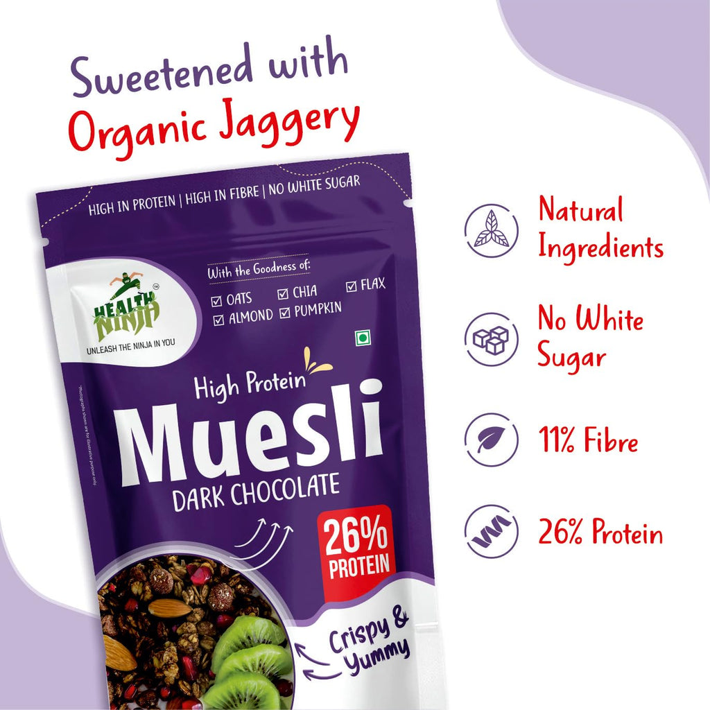 Health Ninja Dark Chocolate Muesli, 900 gms | High Protein Breakfast Cereal | Oats, Almonds, Chia, Flax & Pumpkin Seeds