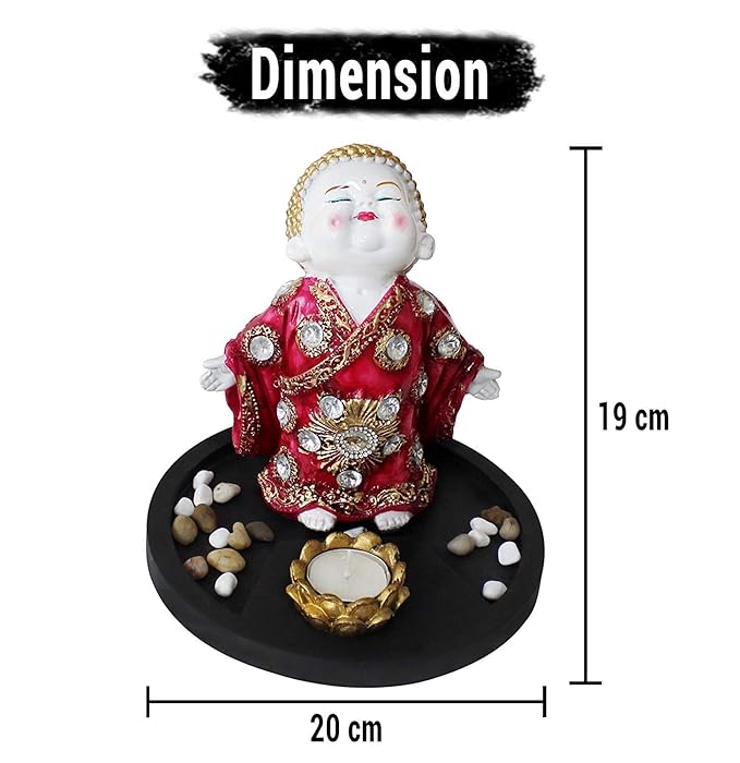 Tied Ribbons Buddha Statue with Tealight,Stones and Wooden Tray Home Living Room