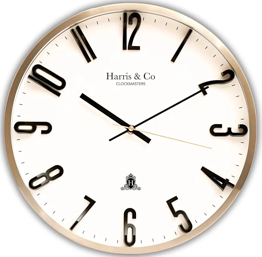 Harris & Co. Clockmasters Silent Sweep Noiseless Technology Analog Wall Clock With Black 3d Numbers Champagne Gold