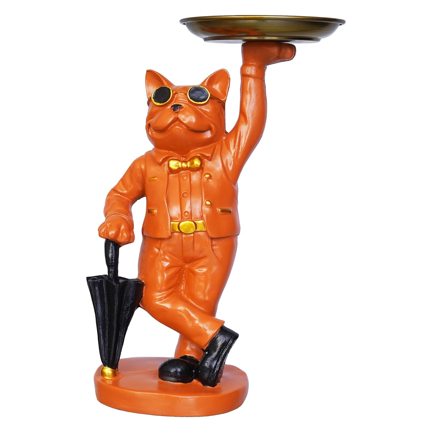 Ecraftindia Orange Bulldog Statue in Glasses Holding Black Umbrella and Tray in Hands Table Top Decorative Showpiece