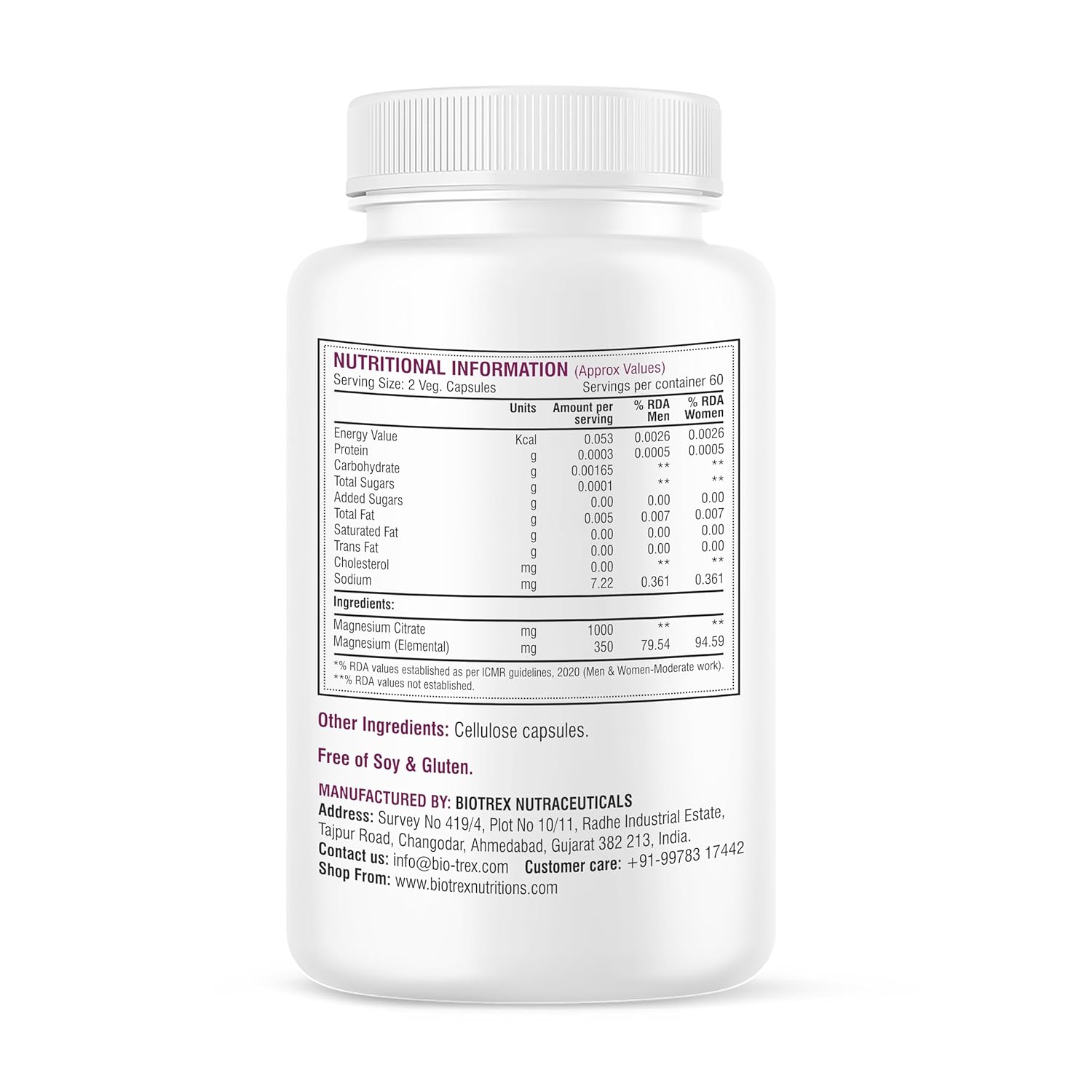 Biotrex Nutraceuticals Magnesium Citrate Supplement, Supports Bone & Sleep Health - 120 Vegetarian Capsules
