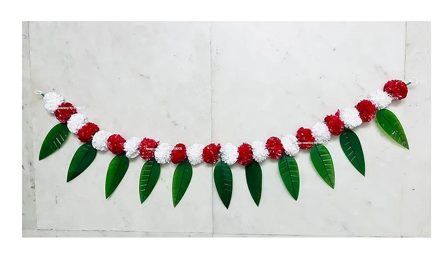 Artificial Marigold &Mango Leaves Simple Door-Window Toran White and Red
