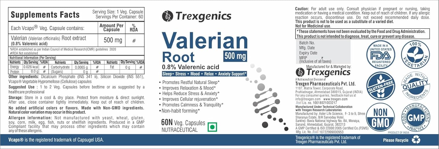 TrexgenicsÂ® VALERIAN Root 500mg Standardized (0.8% Valerenic acid) Sleep, Stress,Mood,Relax, Migraine, Anxiety Support (60 Veg capsules)