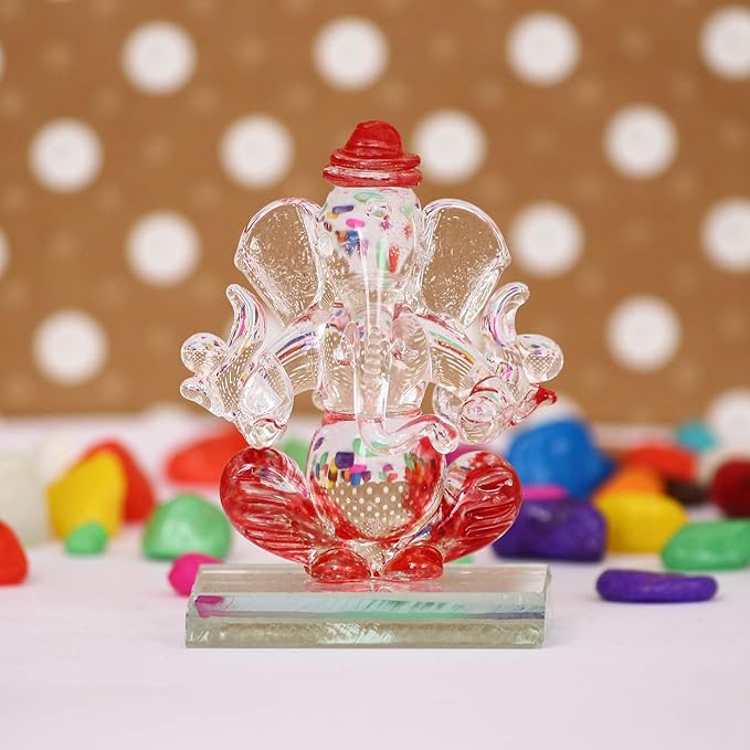Ecraftindia Red and Transparent Double Sided Crystal Car Ganesha Showpiece