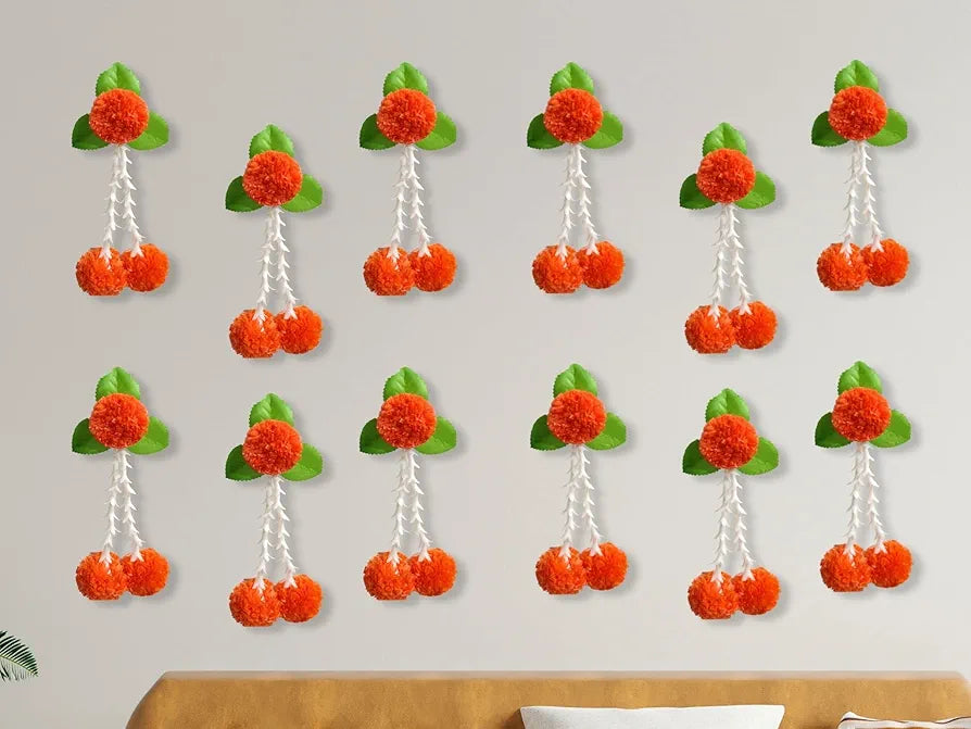 Artificial Flowers and Leaves Decoration Pack of 12 - Orange & Green