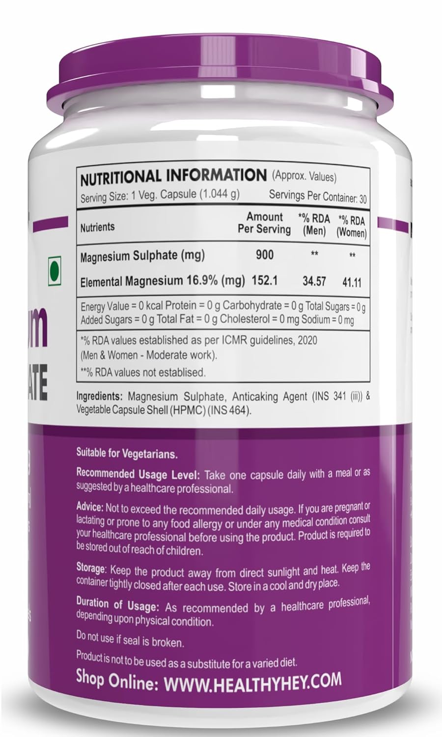 HealthyHey Nutrition Magnesium Sulphate - 900mg/Serving - 30 Capsules