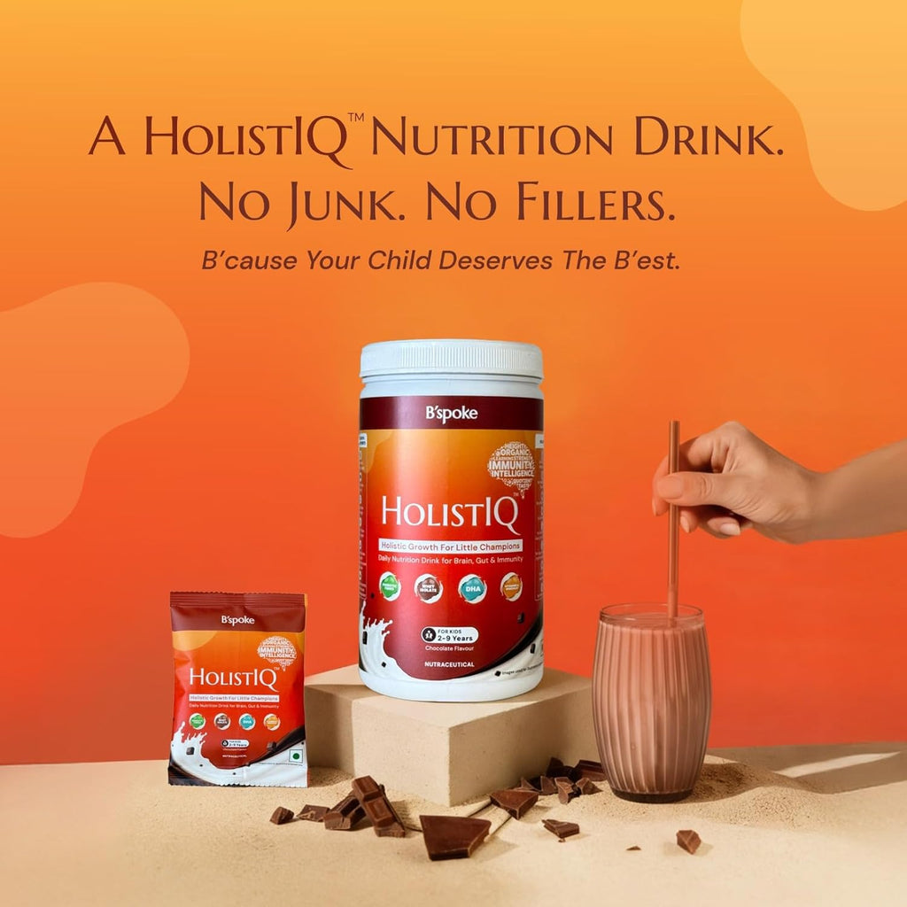 HolistIQ Chocolate Nutrition Drink for Kids (2â€“9 Years) | Whey Protein Isolate & Milk Protein Blend with 9 Essential Amino Acids | No Refined Sugar, No Fillers, No Emulsifiers | 400 g