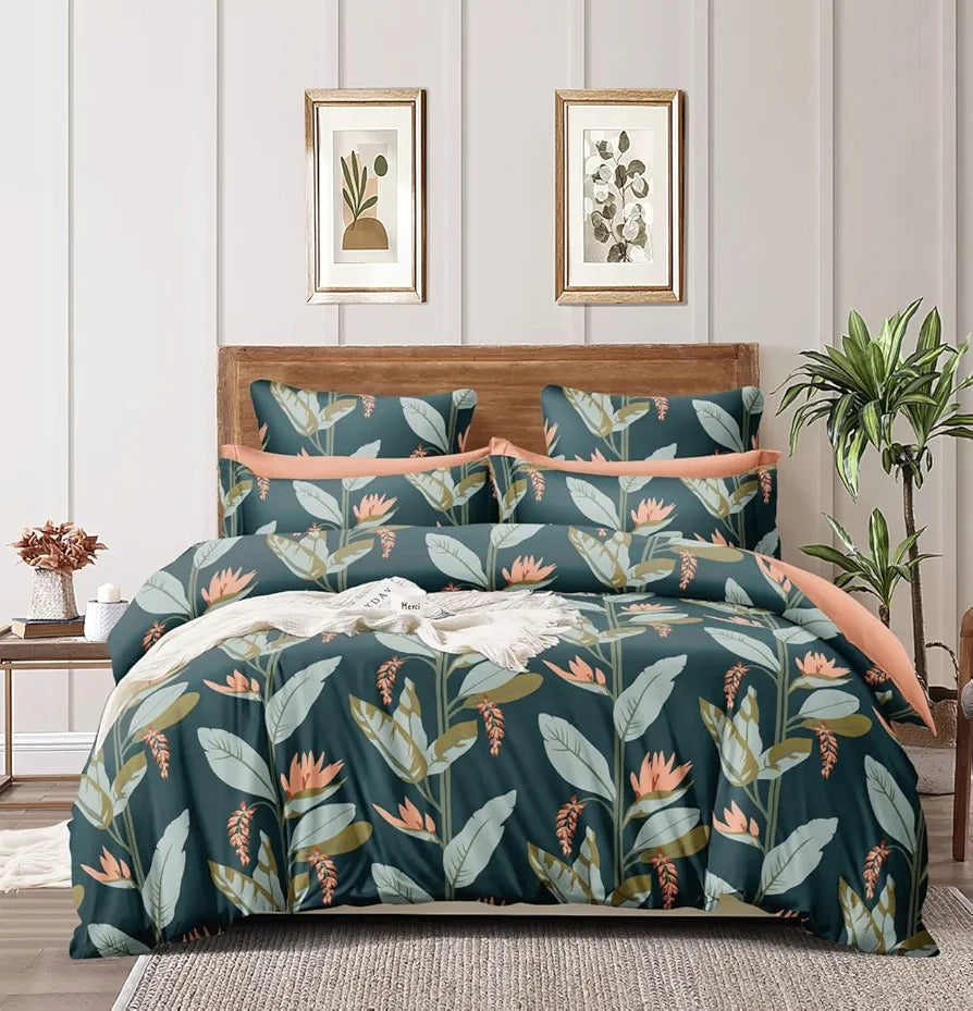 The Home Style Cotton Feel Glace Cotton All Around Elastic Fitted Printed King Size Double Bed Bedsheet With 2 Pillow Cover,300 TC Forest Green