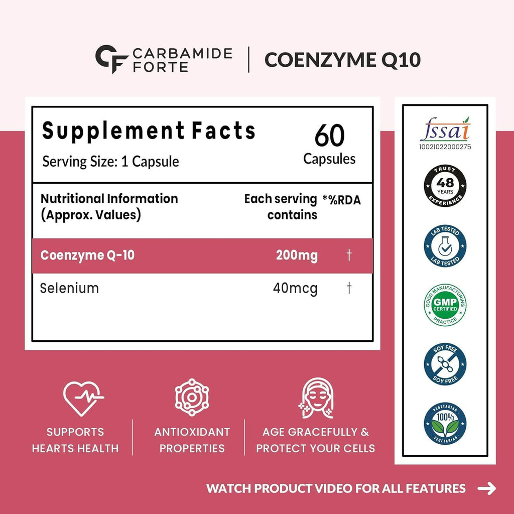 Carbamide Forte Coenzyme Q10 (CoQ10) 200mg with Selenium 40mcg | Supports Heart Health and Vascular Health | 100% Vegetarian â€“ 60 Capsules