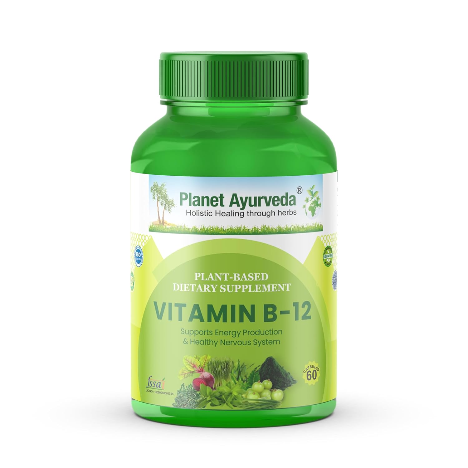 Planet Ayurveda Vitamin B12 60 Capsules â€“ Whole Food Methylcobalamin for Energy & Immunity â€“ Vegan B12 with Probiotics & Enzymes â€“ Gluten-Free Supplement