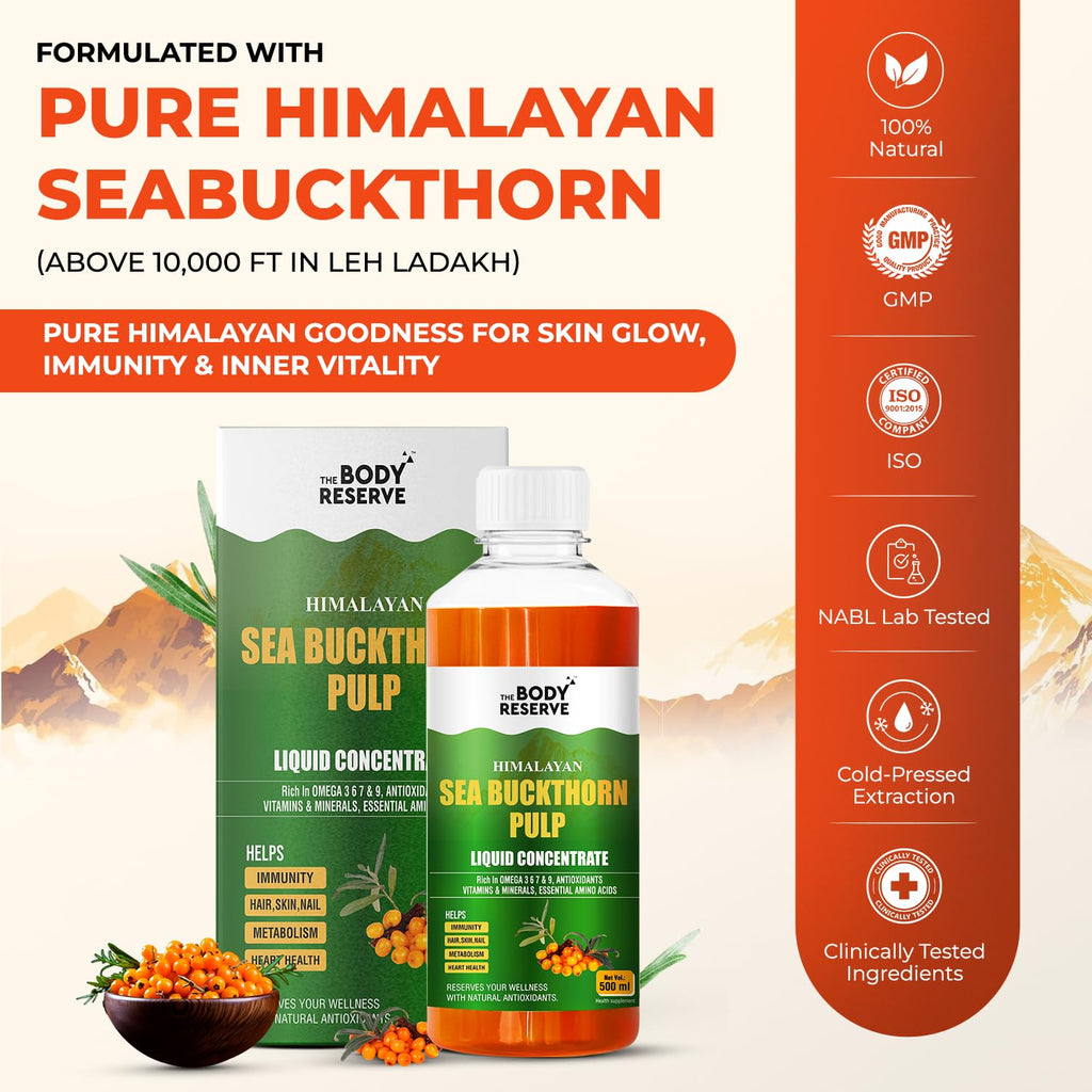 The Body Reserve Himalayan Sea Buckthorn Juice 500ml | Cold Pressed Seabuckthorn Berry Pulp Concentrate | Natural Vitamin C | Omega 3-6-7-9 | Antioxidant-Rich Gut Health Juice for Skin Glow, Heart & Immunity Support