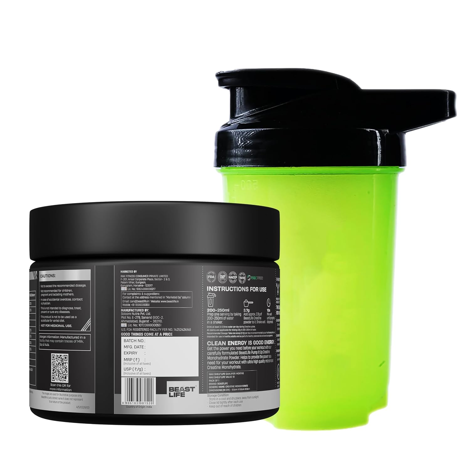 BeastLife Micronised Creatine Monohydrate with Free Shaker | 125g | 33 Servings | Tropical Tango | NABL Lab Tested | Rapid Absorption for Muscle Strength & Athletic Performance | Super Micronised Creatine Powder