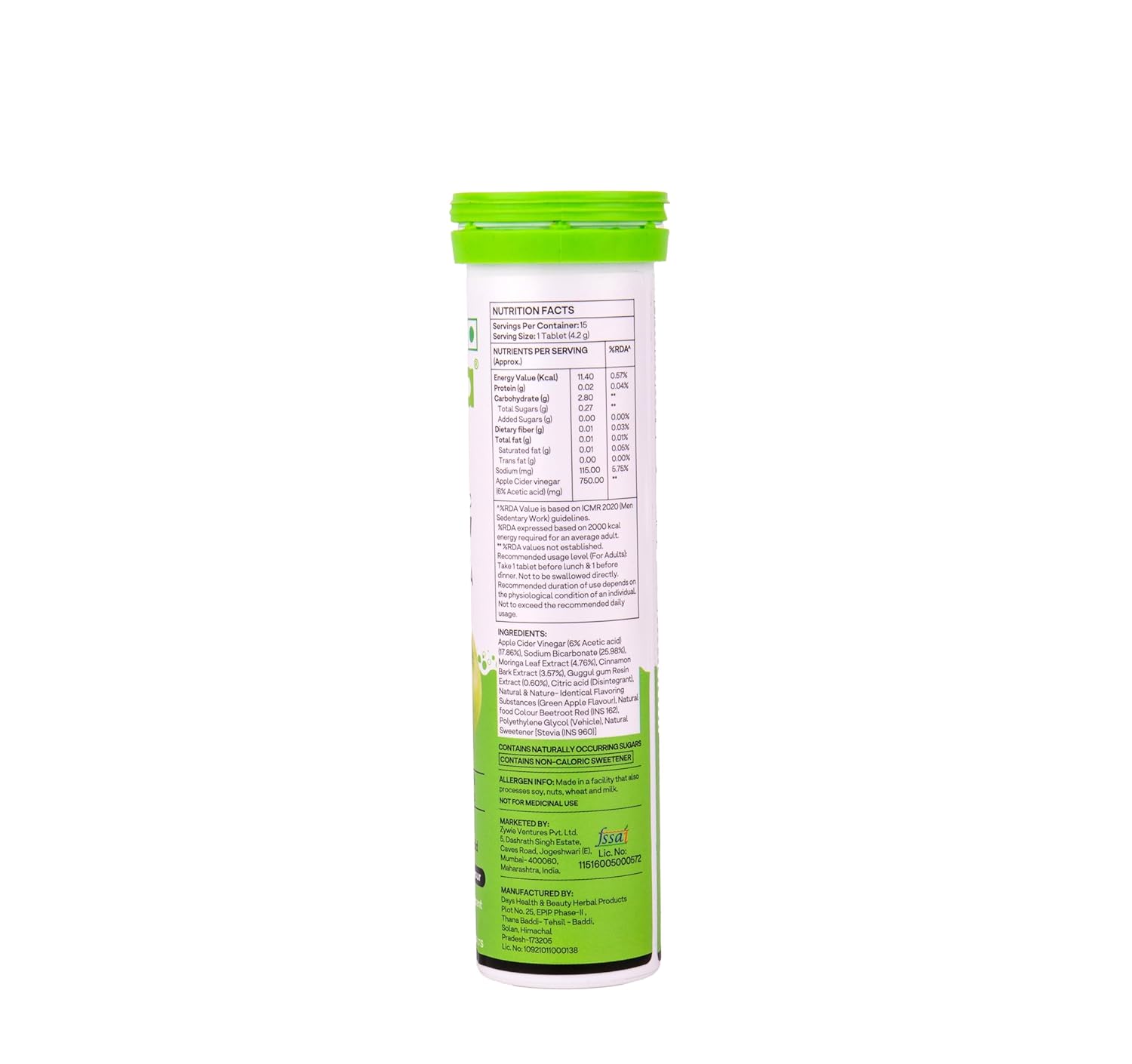 OZiva ACV Moringa | Control Cravings I Apple Cider Vinegar, Cinnamon I No Maltodextrin & No Added Sugar I 15 Effervescent Lemon Masala & Green Apple, Pack of 2 (30 Tablets)