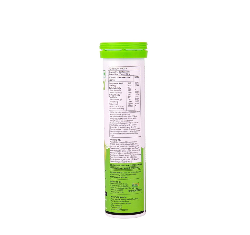 OZiva Acv Moringa|Control Cravings I Apple Cider Vinegar,Cinnamon,Guggul I No Maltodextrin & No Added Sugar I 15 Effervescent Tablets - Green Apple,Pack Of 2 (30 Tablets),2 Count,15 Capsules