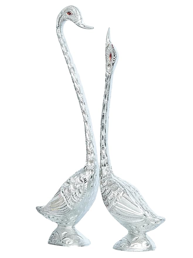 Ecraftindia Silver Metal Handcrafted Swan Couple Statues Love Birds Figurines Decorative Showpieces