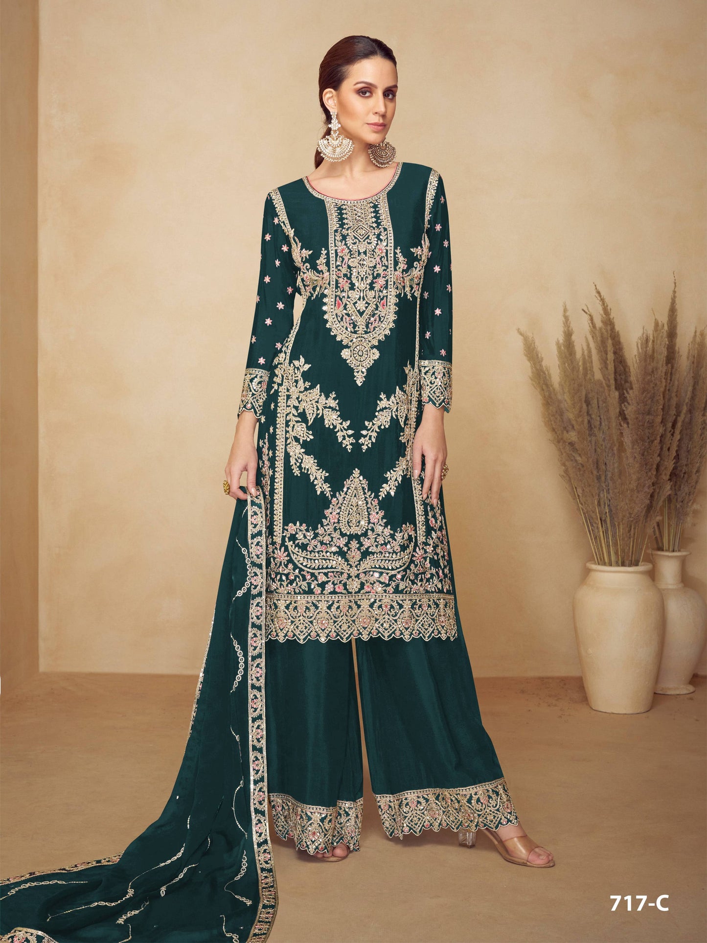 Anaita Green Chinon Plazzo Suit With Codding Dori & Sequence Work
