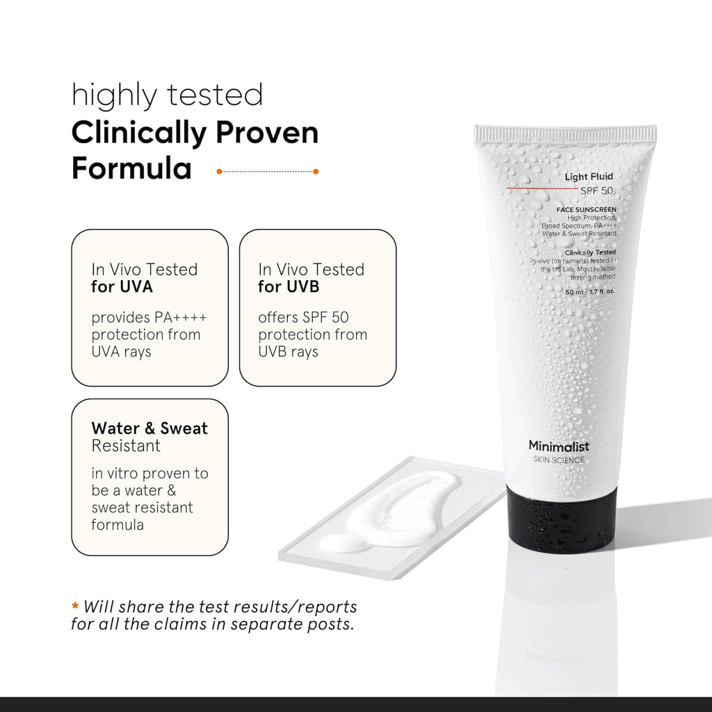 Minimalist Light Fluid Sunscreen SPF 50 for Oily Skin (PA++++) | Clinically Tested in US| No White Cast | Broad Spectrum | Lightweight, Water & Sweat Resistant | For Women & Men | 50ml