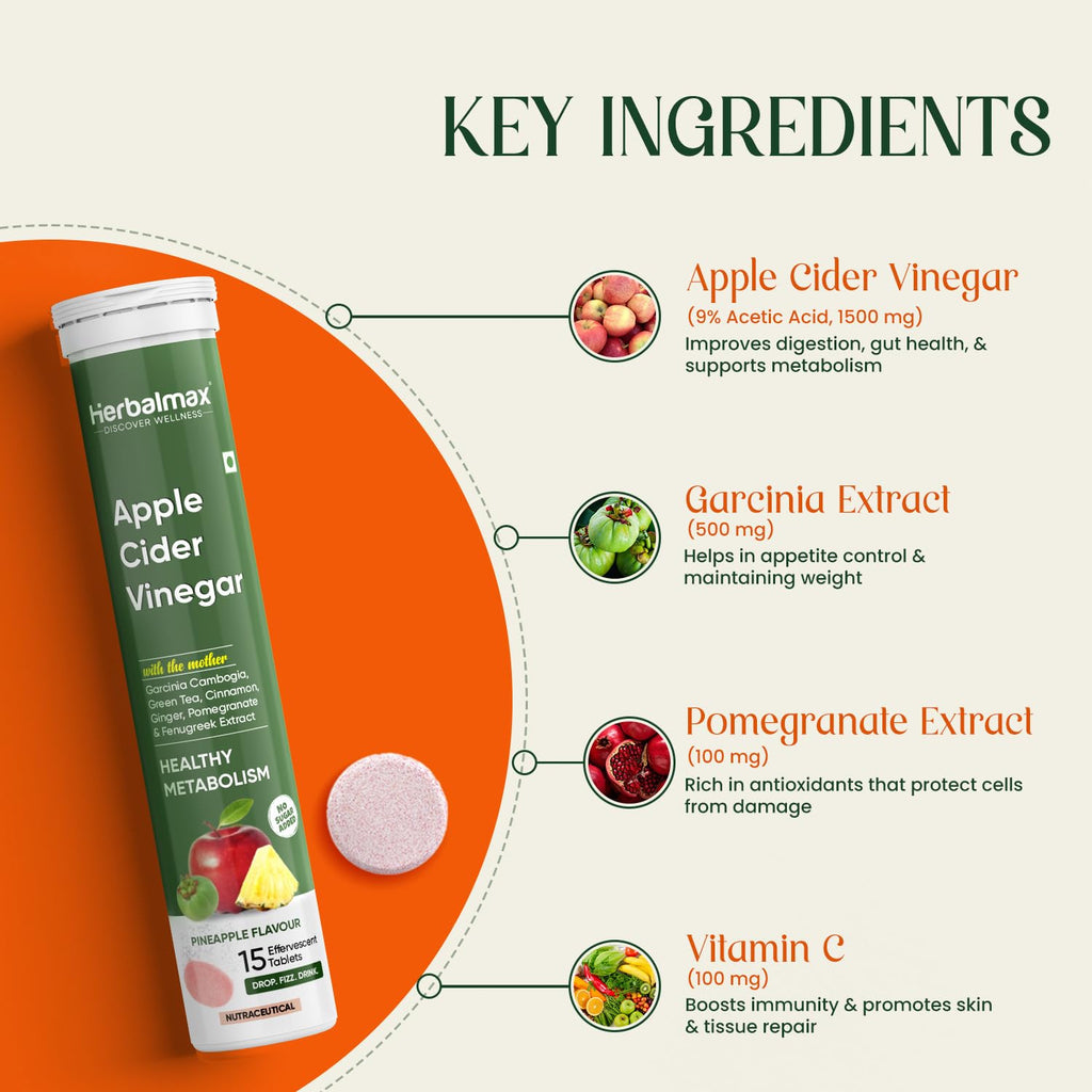 Herbalmax Apple Cider Vinegar Effervescent Tablets â€“ With Mother of Vinegar, Vitamin C, B6 & B12 â€“ Sugar-Free â€“ Supports Weight Management, Detox & Gut Health â€“ Pineapple Flavour â€“ 15 Tablets