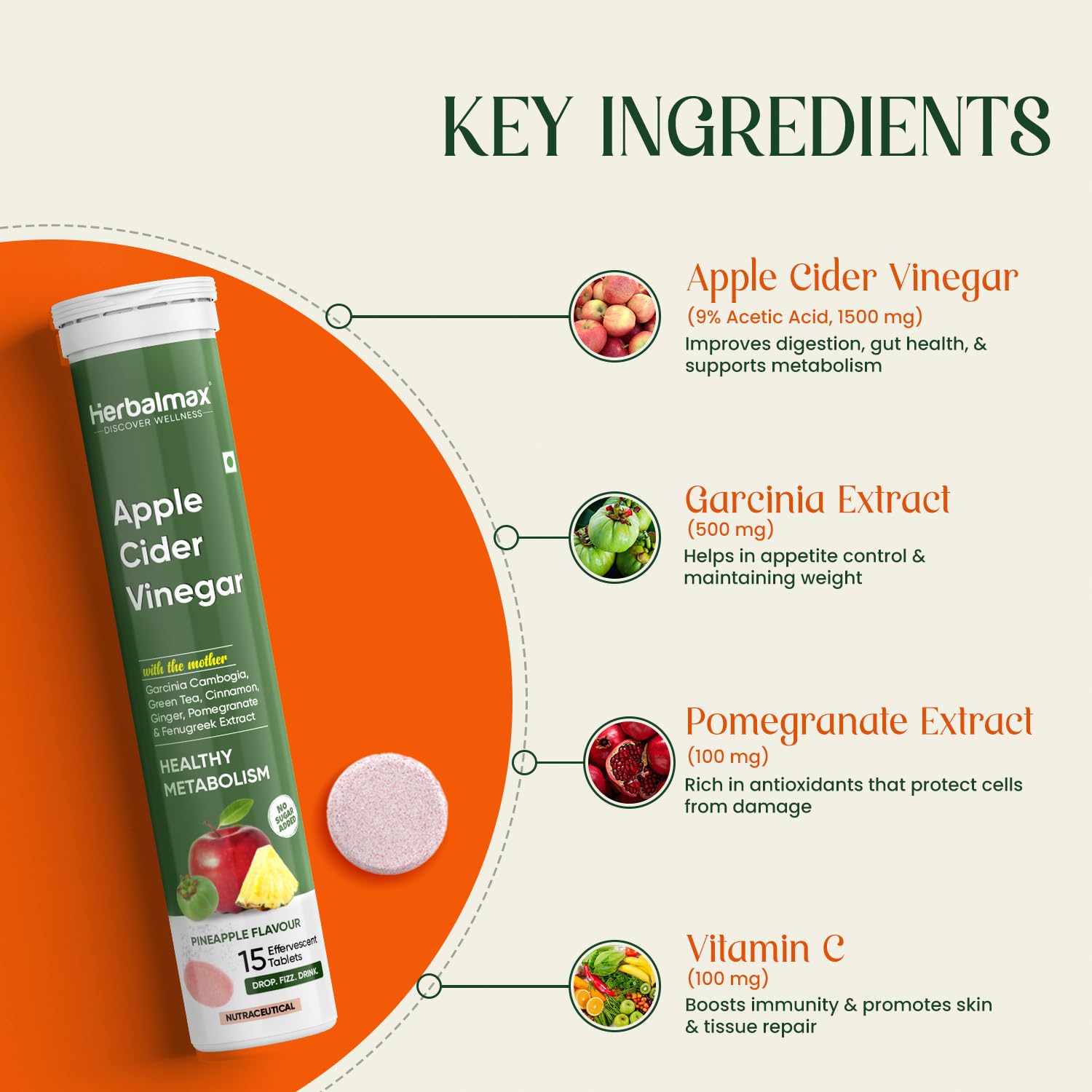 Herbalmax Apple Cider Vinegar Effervescent Tablets â€“ With Mother of Vinegar, Vitamin C, B6 & B12 â€“ Sugar-Free â€“ Supports Weight Management, Detox & Gut Health â€“ Pineapple Flavour â€“ 15 Tablets