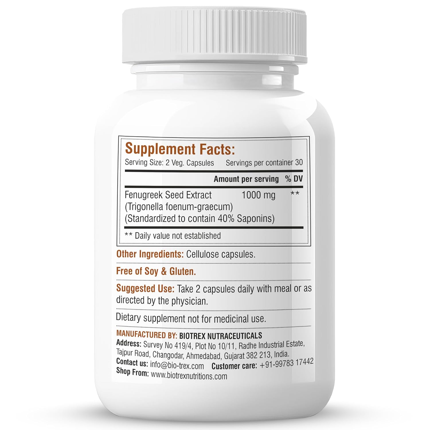 Biotrex Fenugreek - Improves Cholesterol Levels, 1000mg (60 Capsules), nutritional supplement, multivitamins, vitamin capsules, for men, women and adults, best health supplements
