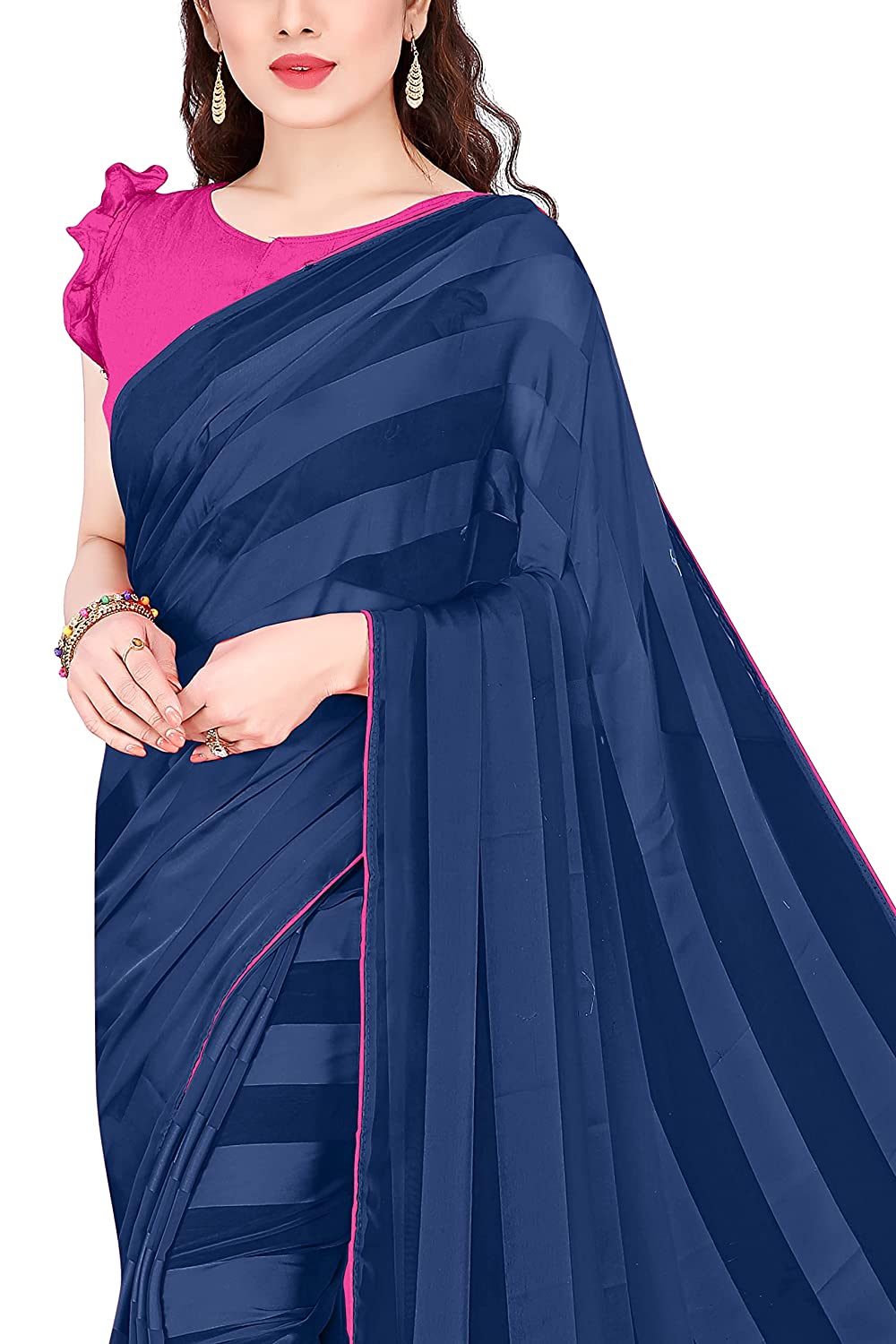 Mirchi Fashion Women'S Georgette Shiny Satin Stripes Laining Pattern Saree